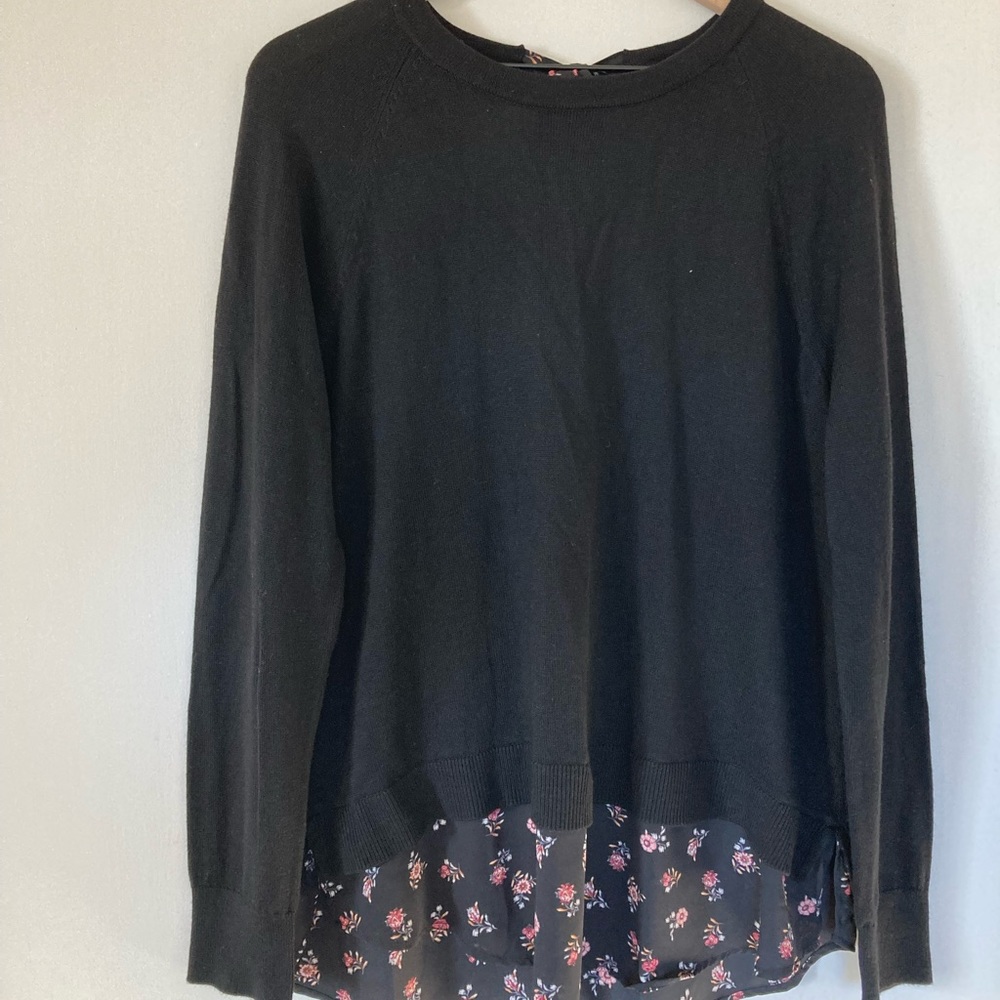 Loft Outlet Womens Sweater Blouse Black Floral Tie Long Sleeve